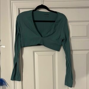 Garage Green Long Sleeve Tie Front Crop Blouse